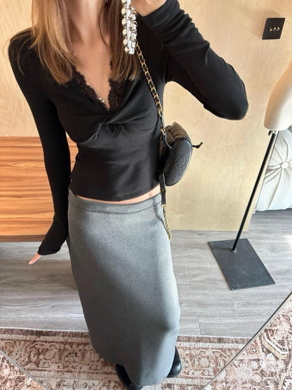 25fw new lace splicing V-neck long sleeves