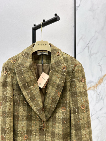 25fw new retro plaid beaded sequin lapel suit jacket