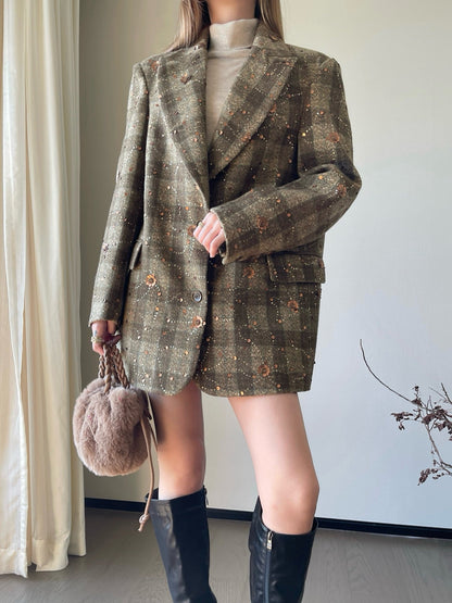 25fw new retro plaid beaded sequin lapel suit jacket