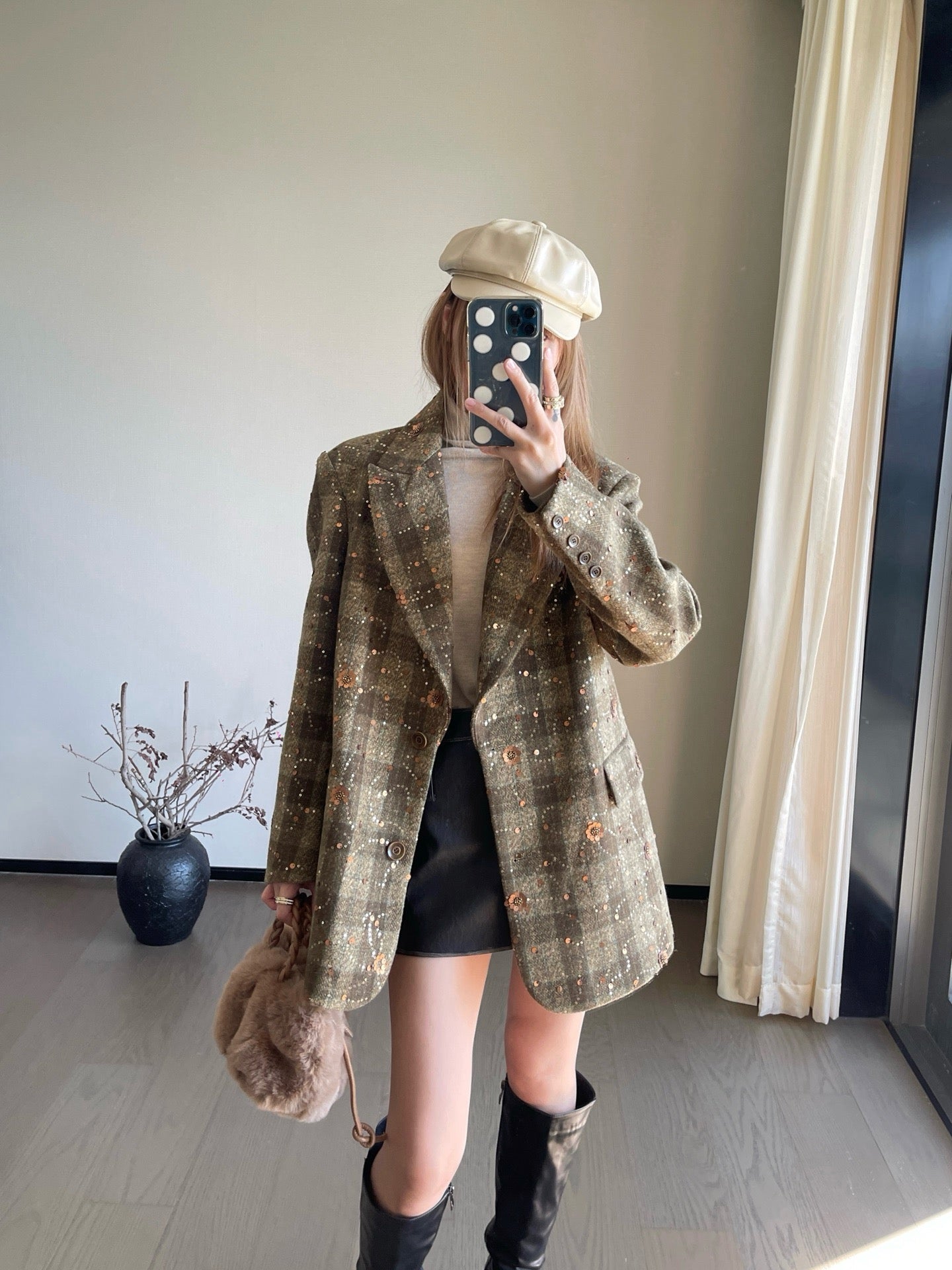 25fw new retro plaid beaded sequin lapel suit jacket