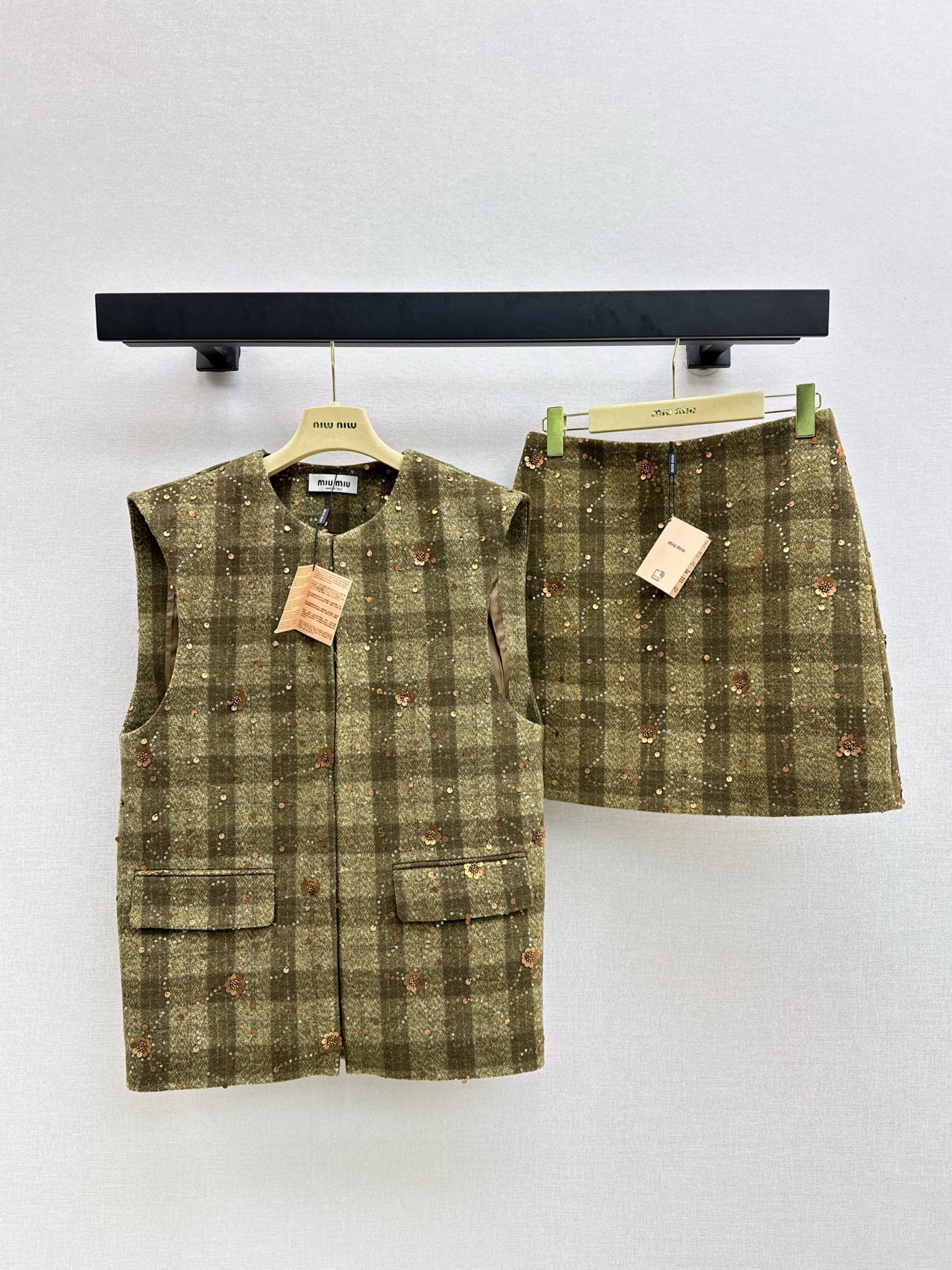 25fw new plaid beaded sequined vest jacket with skirt suit