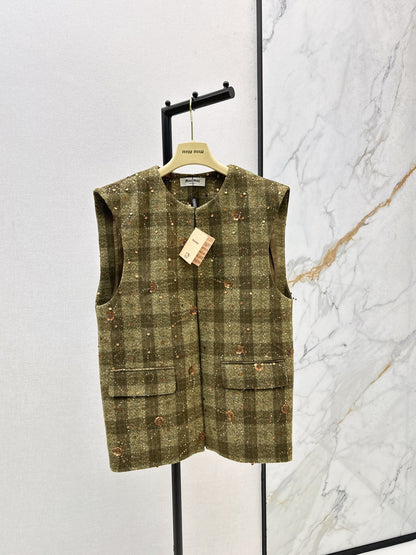 25fw new plaid beaded sequined vest jacket with skirt suit