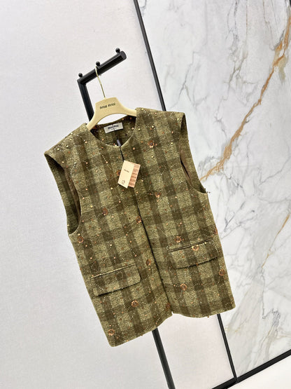 25fw new plaid beaded sequined vest jacket with skirt suit