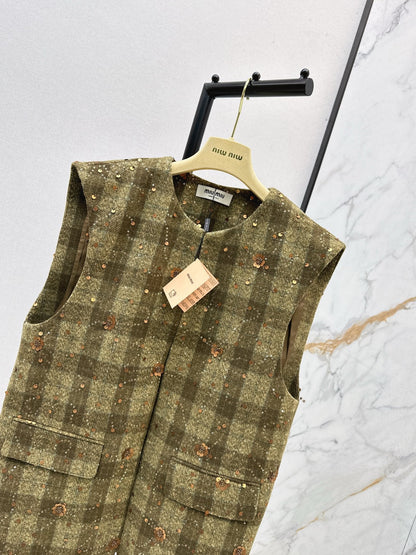25fw new plaid beaded sequined vest jacket with skirt suit