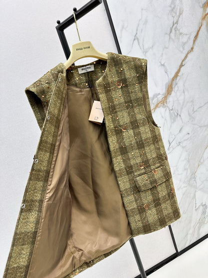 25fw new plaid beaded sequined vest jacket with skirt suit