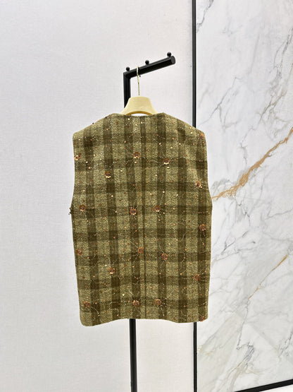 25fw new plaid beaded sequined vest jacket with skirt suit