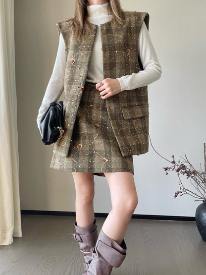 25fw new plaid beaded sequined vest jacket with skirt suit