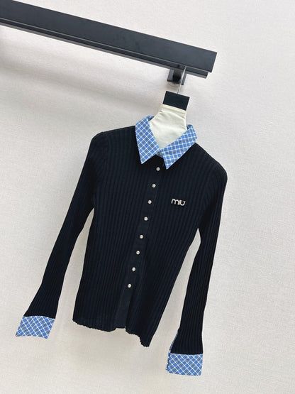 25fw new plaid fake two-piece knitted long sleeves