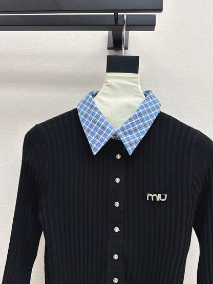 25fw new plaid fake two-piece knitted long sleeves