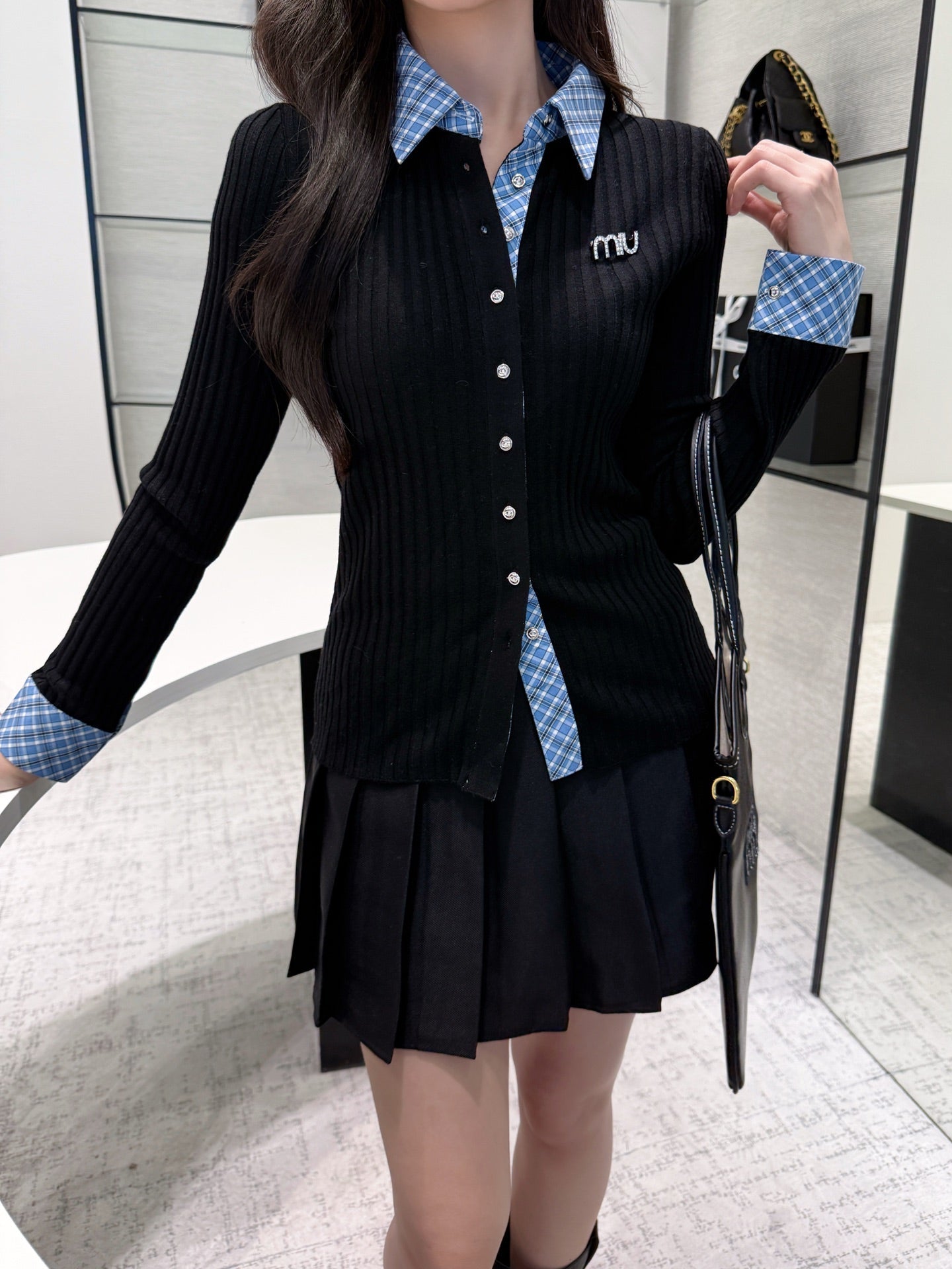 25fw new plaid fake two-piece knitted long sleeves