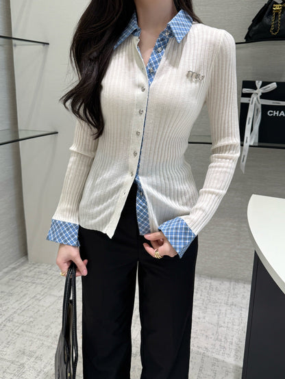 25fw new plaid fake two-piece knitted long sleeves