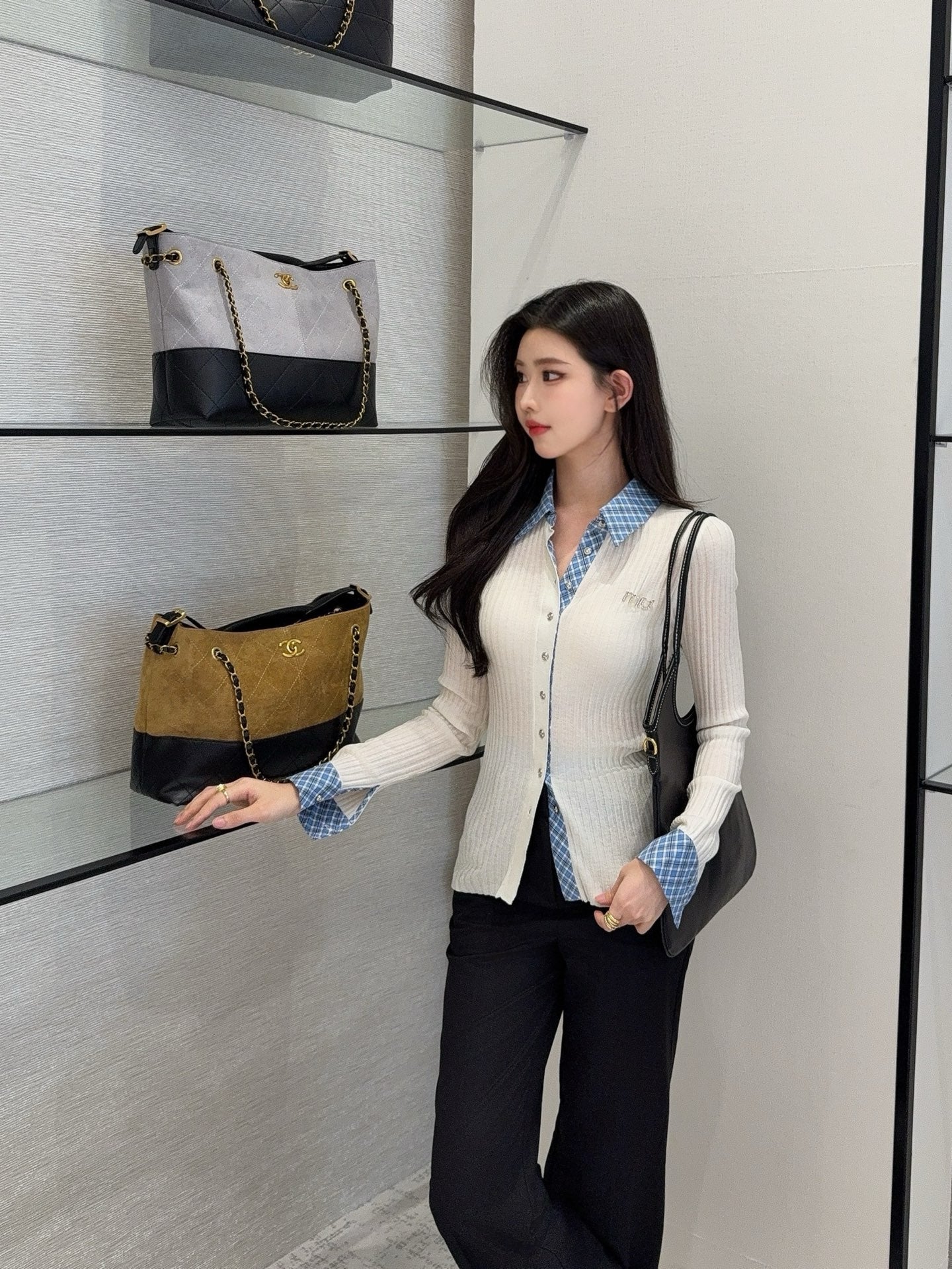 25fw new plaid fake two-piece knitted long sleeves