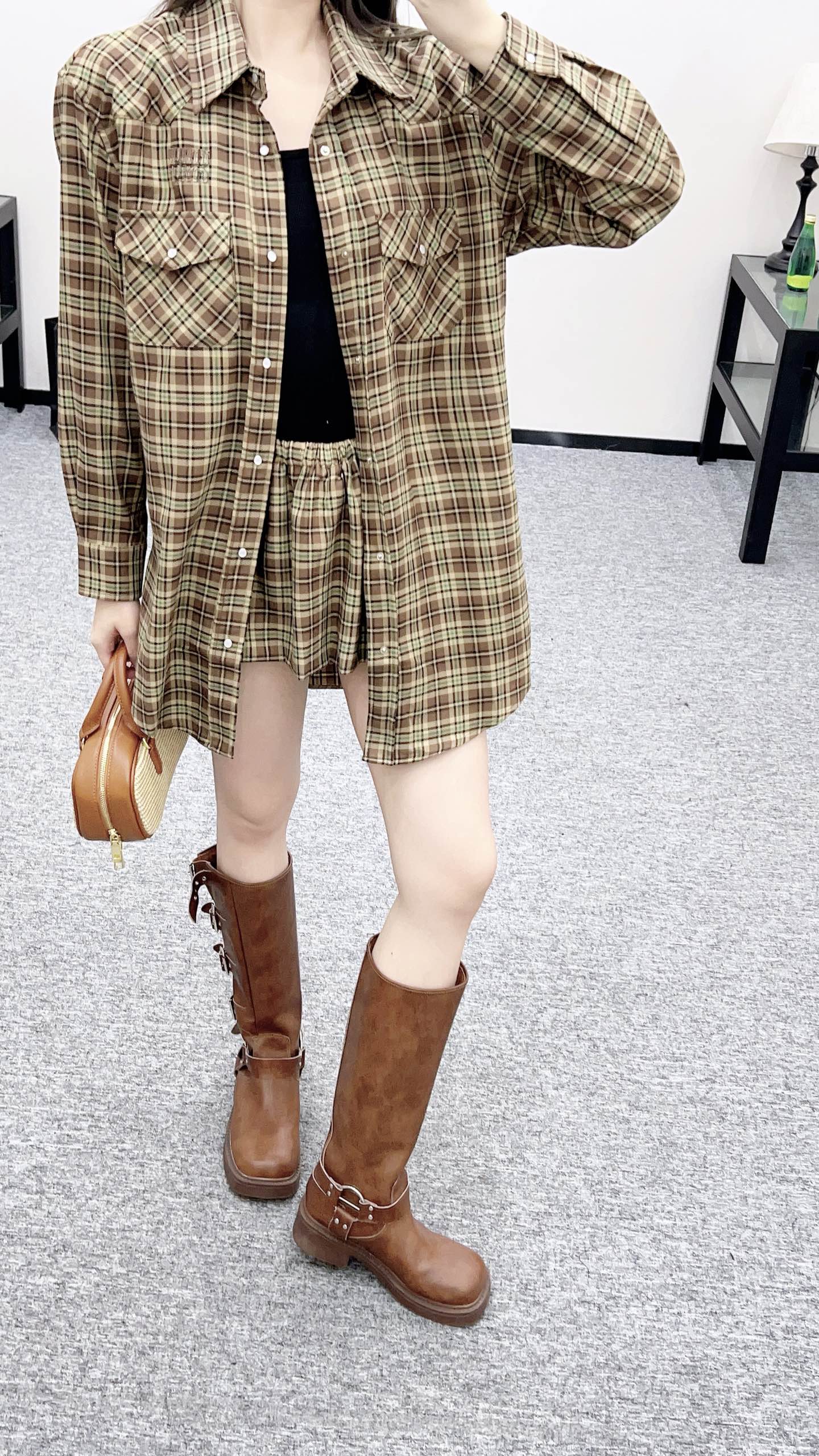 25fw new plaid shirt jacket with skirt suit