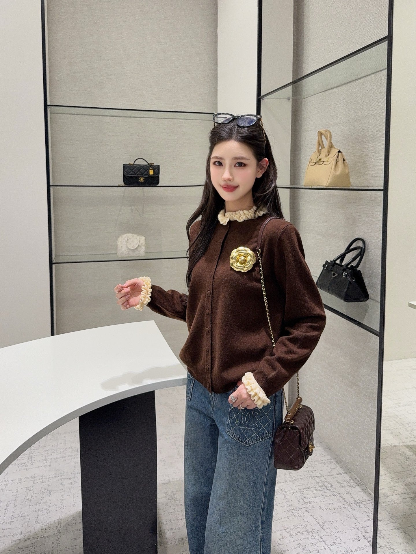 25fw new camellia fake two-piece knitted cardigan