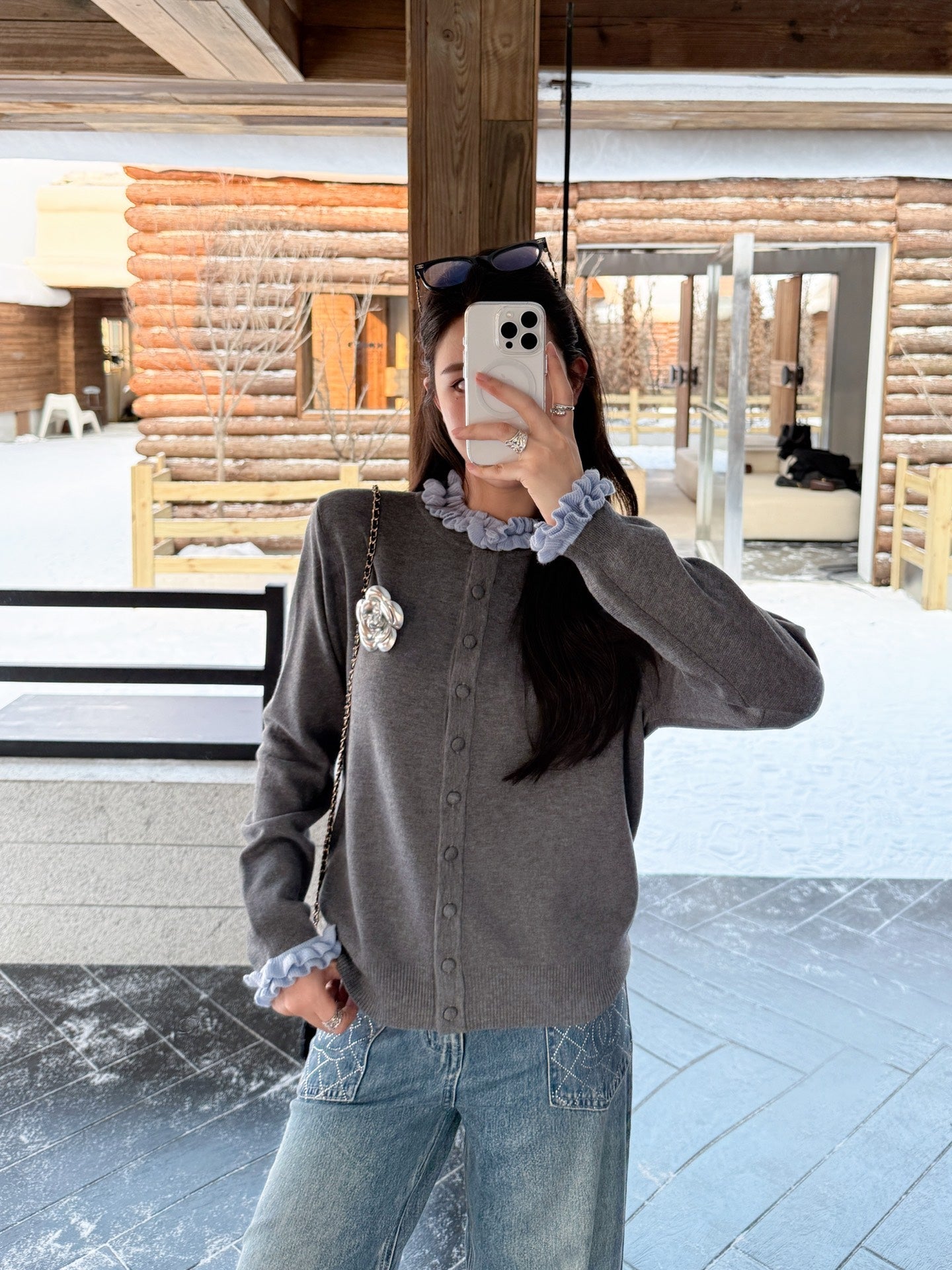 25fw new camellia fake two-piece knitted cardigan