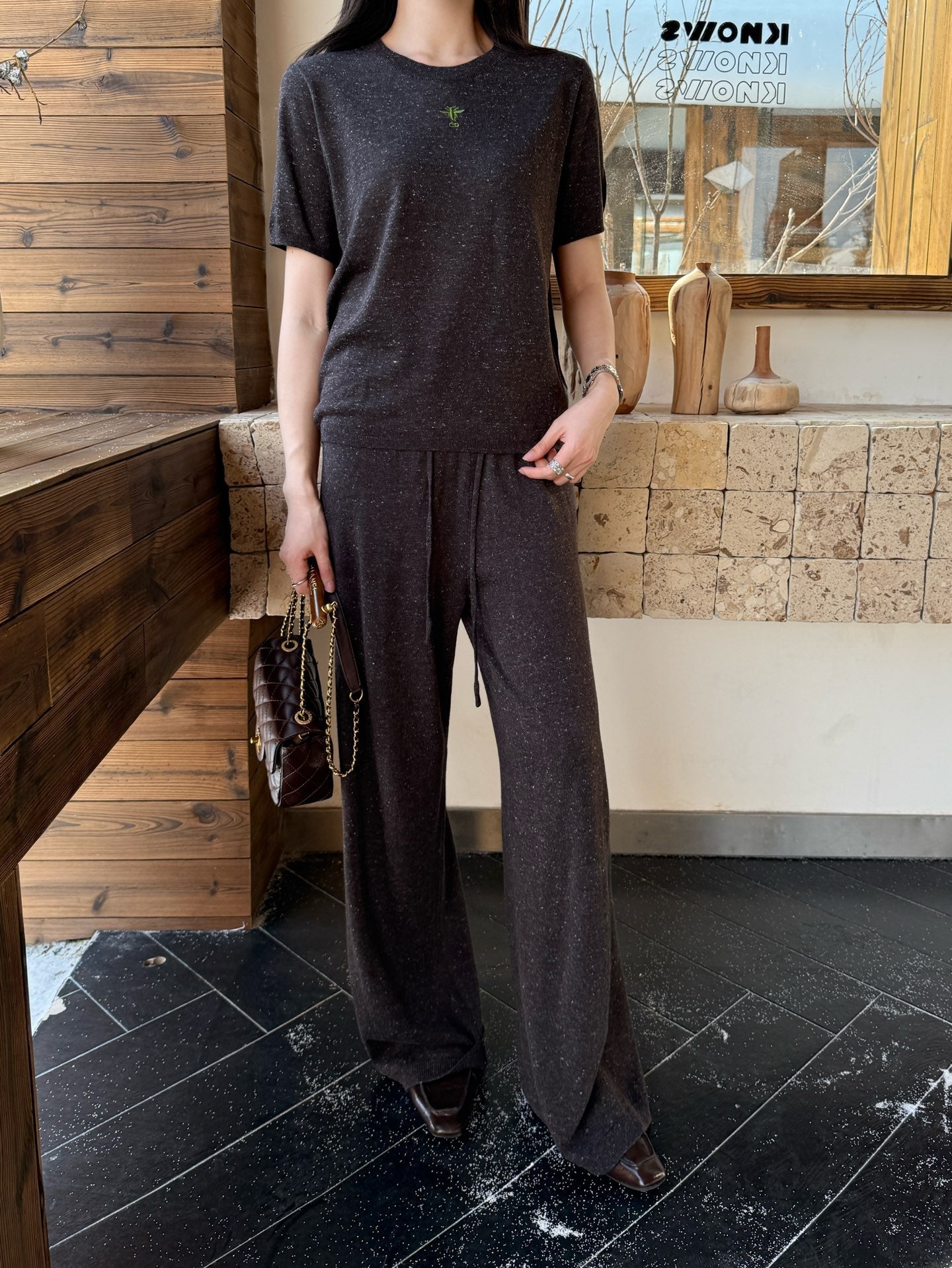 25fw new wool embroidered sweater with straight pants suit