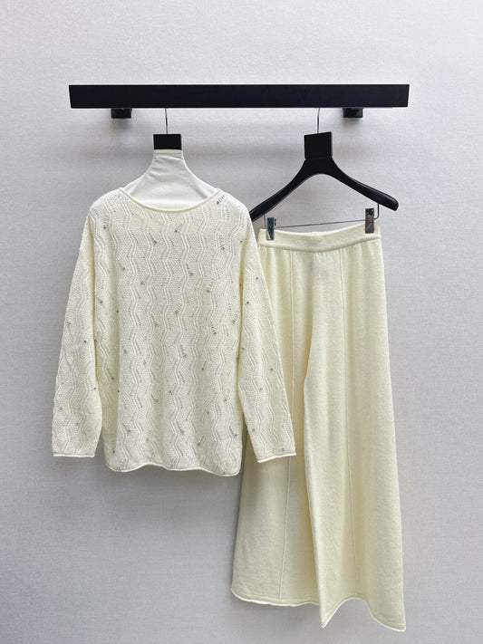 25fw new wool beaded round neck sweater with straight pants suit