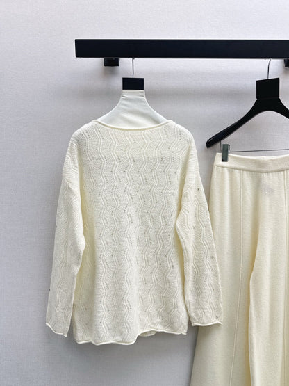 25fw new wool beaded round neck sweater with straight pants suit