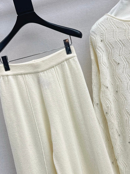 25fw new wool beaded round neck sweater with straight pants suit