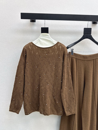 25fw new wool beaded round neck sweater with straight pants suit