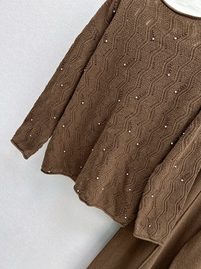 25fw new wool beaded round neck sweater with straight pants suit