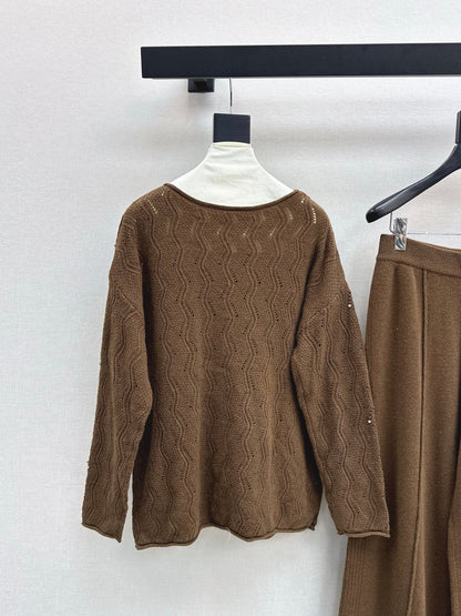 25fw new wool beaded round neck sweater with straight pants suit