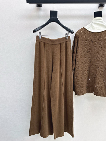 25fw new wool beaded round neck sweater with straight pants suit