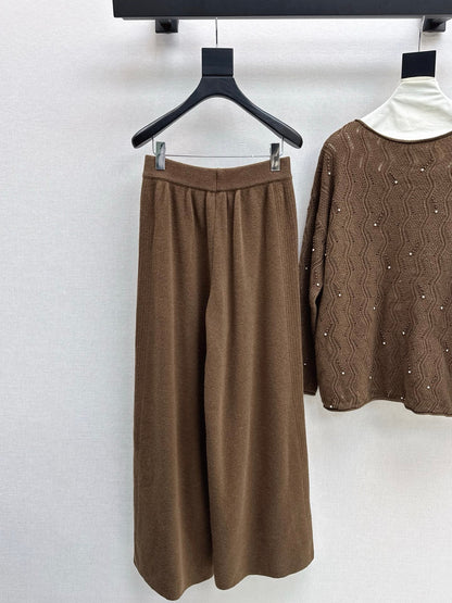 25fw new wool beaded round neck sweater with straight pants suit