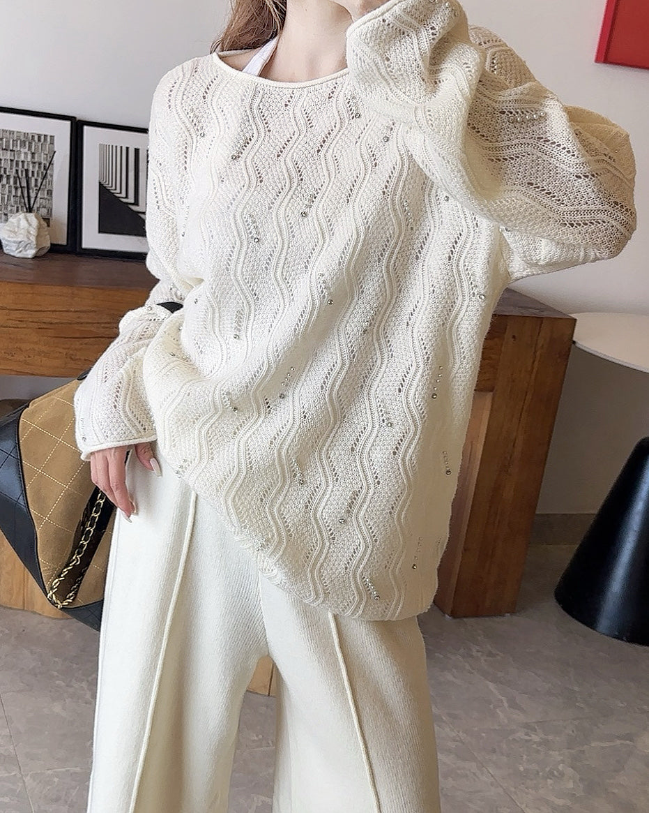 25fw new wool beaded round neck sweater with straight pants suit