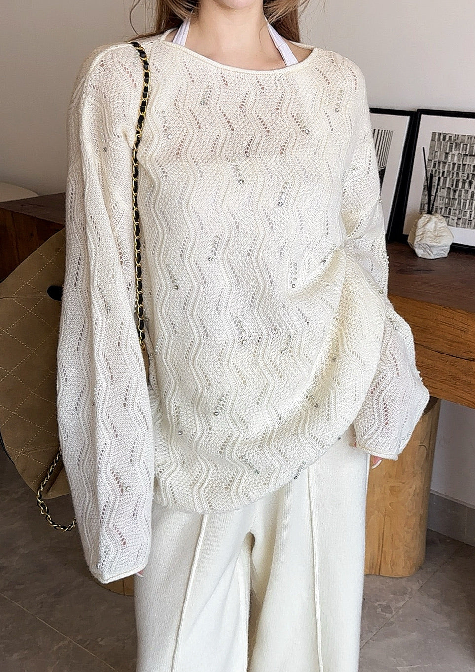 25fw new wool beaded round neck sweater with straight pants suit