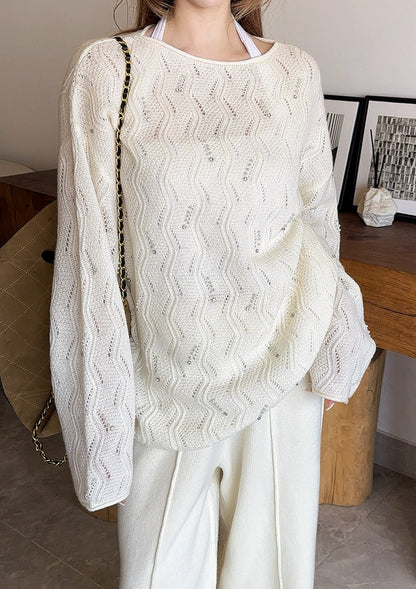 25fw new wool beaded round neck sweater with straight pants suit