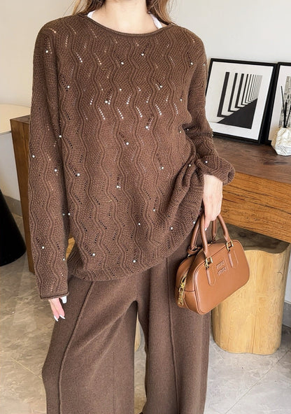 25fw new wool beaded round neck sweater with straight pants suit