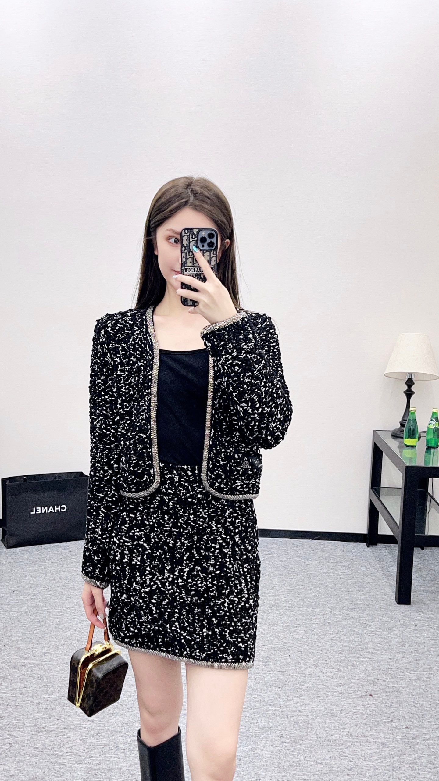 25 Rhinestone tied edge knitted cardigan half skirt set