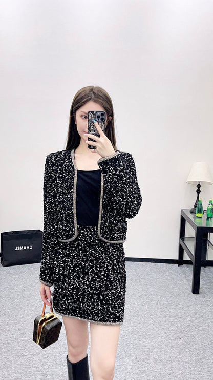 25 Rhinestone tied edge knitted cardigan half skirt set