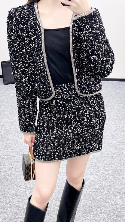 25 Rhinestone tied edge knitted cardigan half skirt set