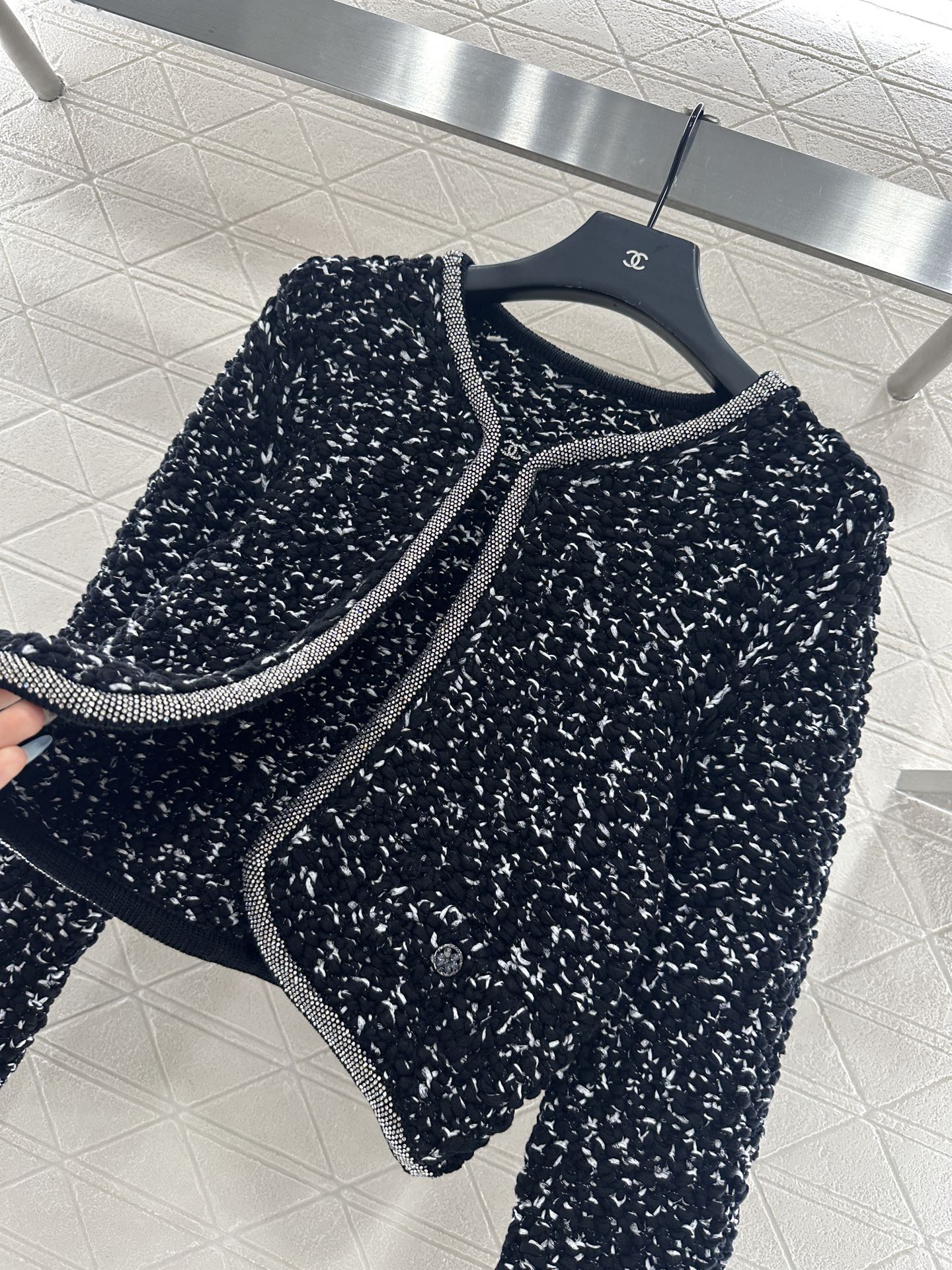 25 Rhinestone tied edge knitted cardigan half skirt set