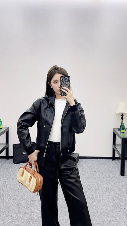 25fw new leather hooded jacket and trousers set