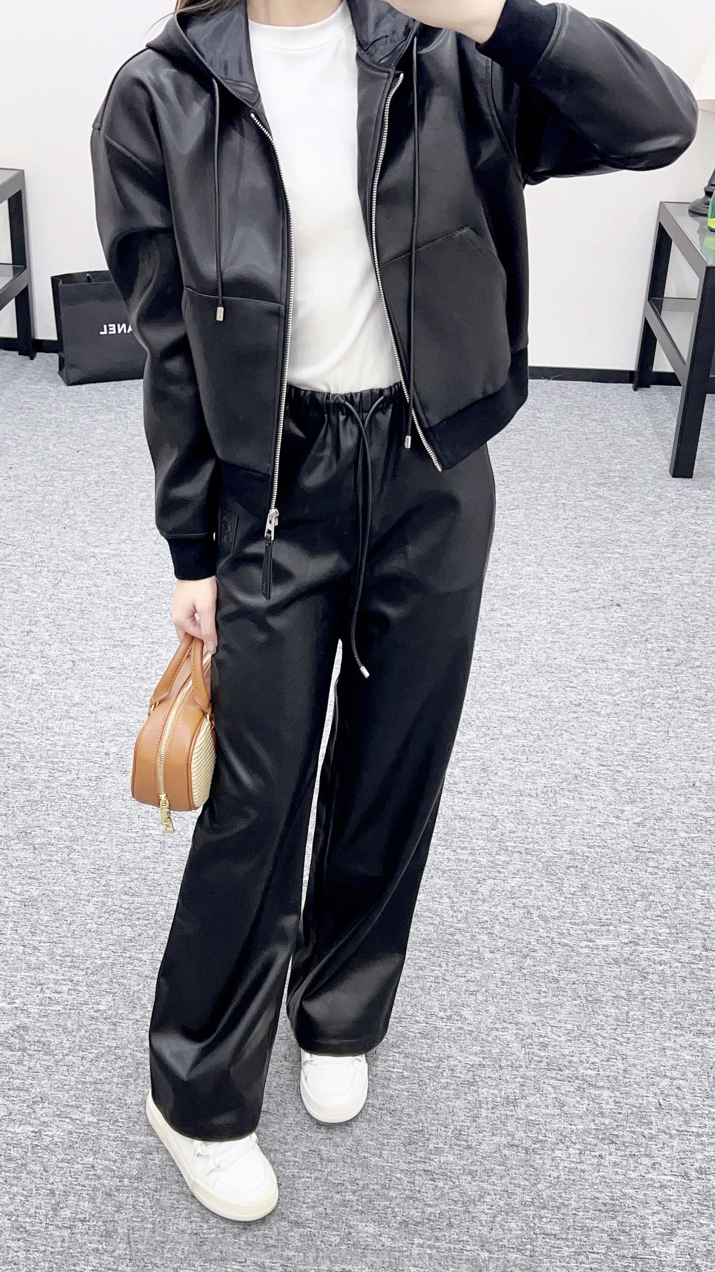 25fw new leather hooded jacket and trousers set