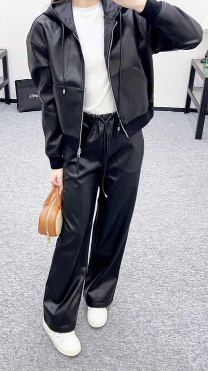 25fw new leather hooded jacket and trousers set