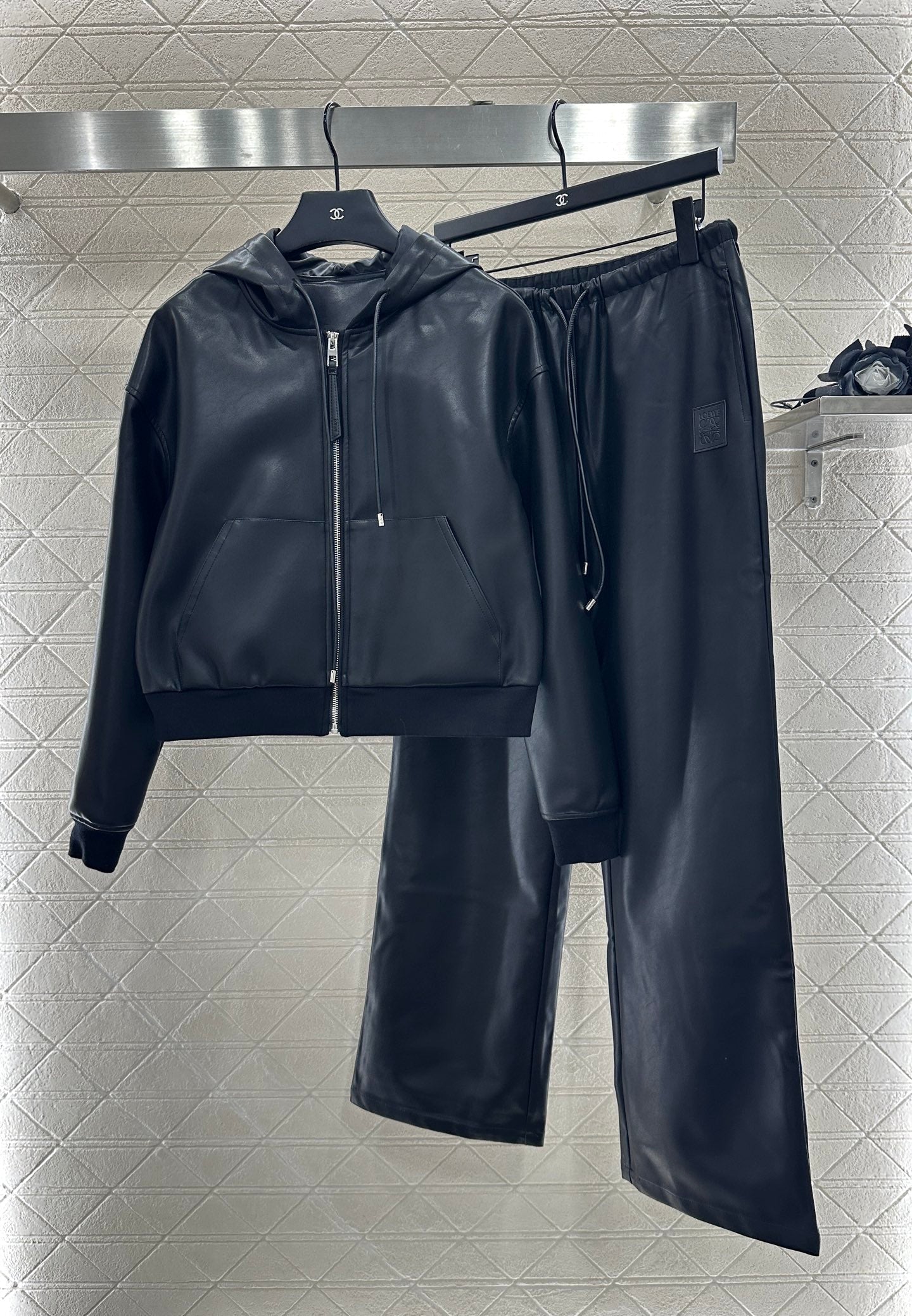 25fw new leather hooded jacket and trousers set