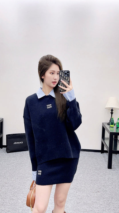 25fw new patchwork knitted top and skirt suit