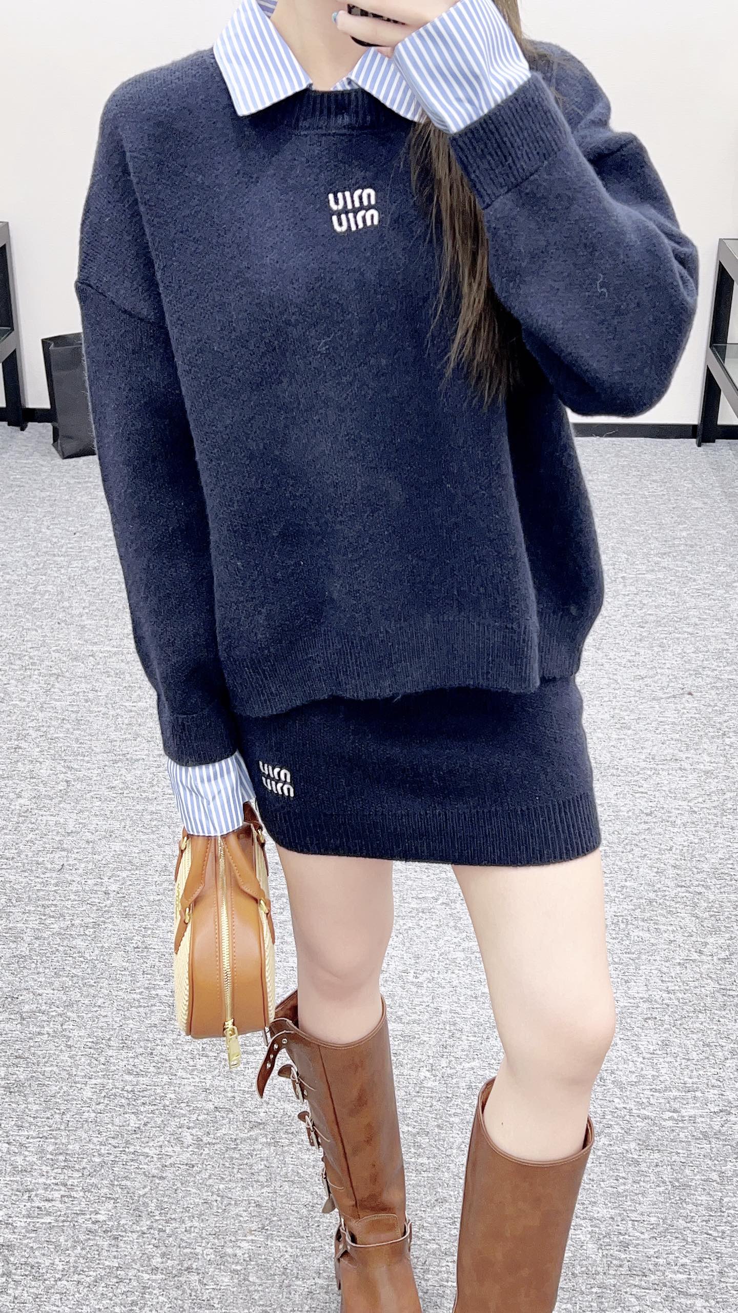 25fw new patchwork knitted top and skirt suit