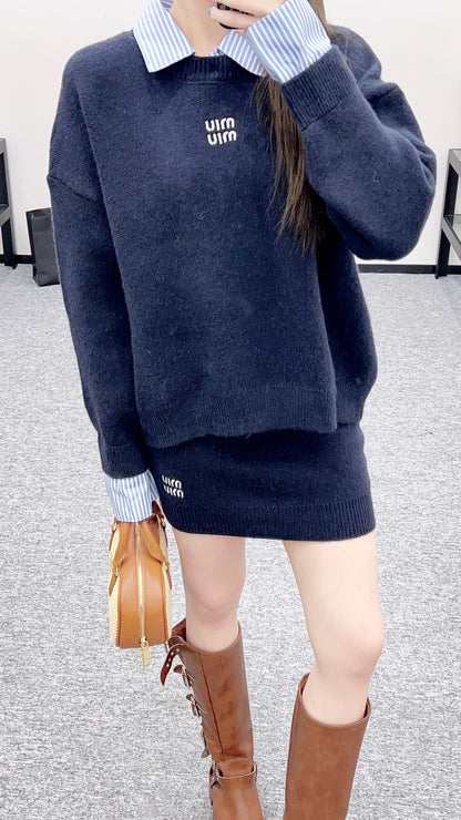 25fw new patchwork knitted top and skirt suit