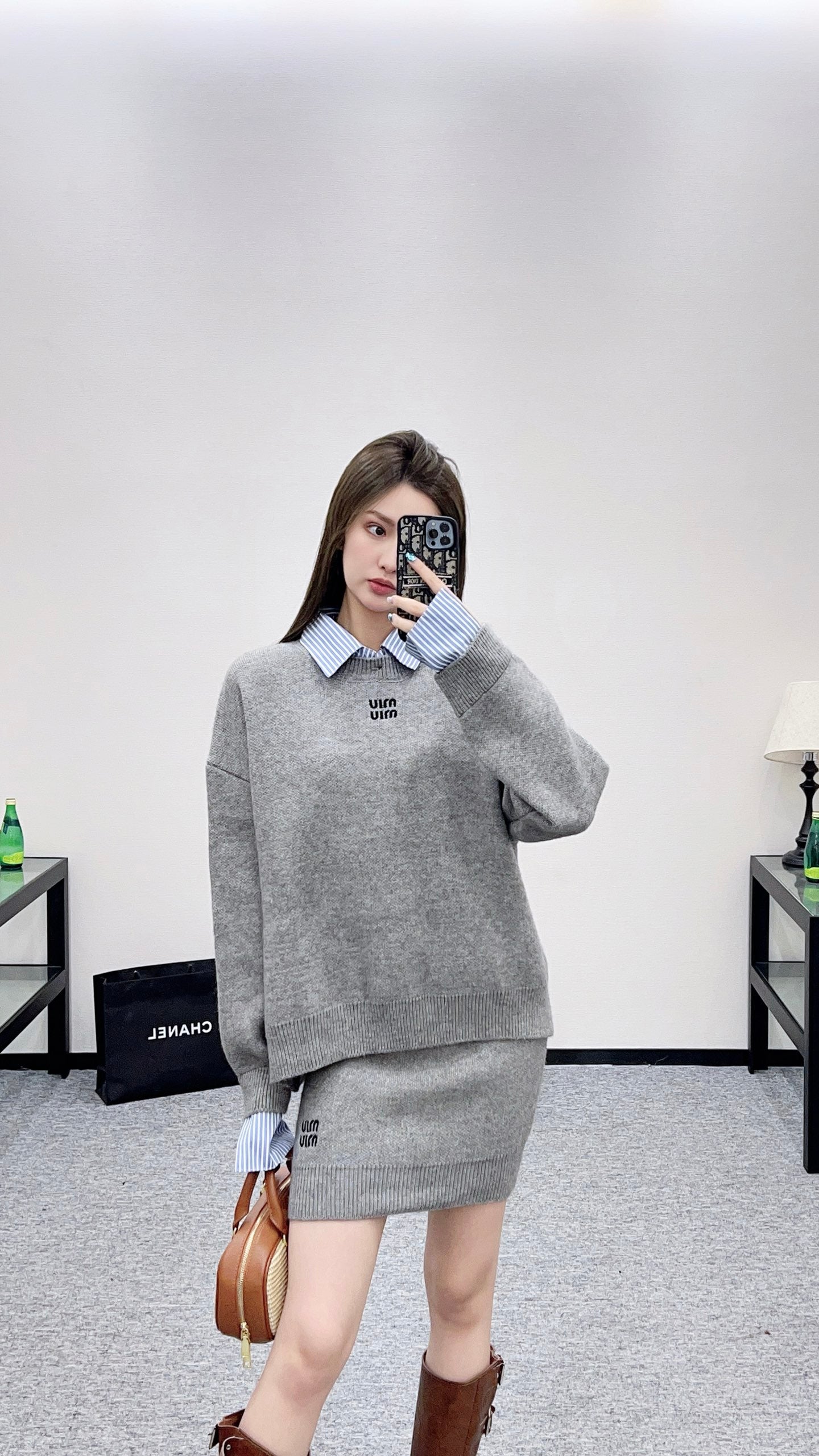 25fw new patchwork knitted top and skirt suit