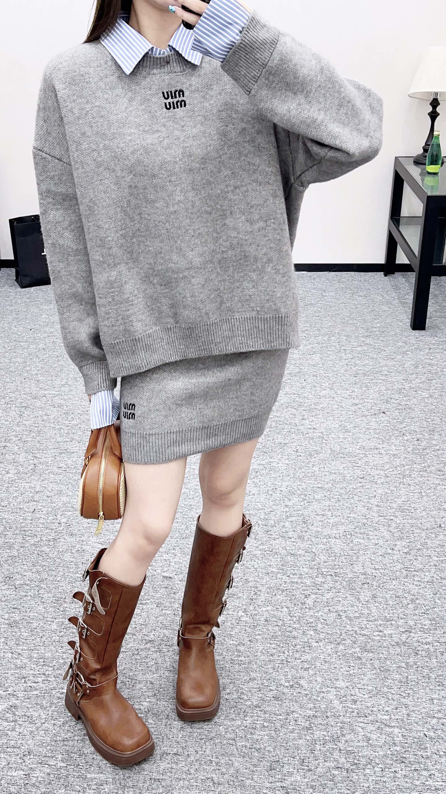 25fw new patchwork knitted top and skirt suit