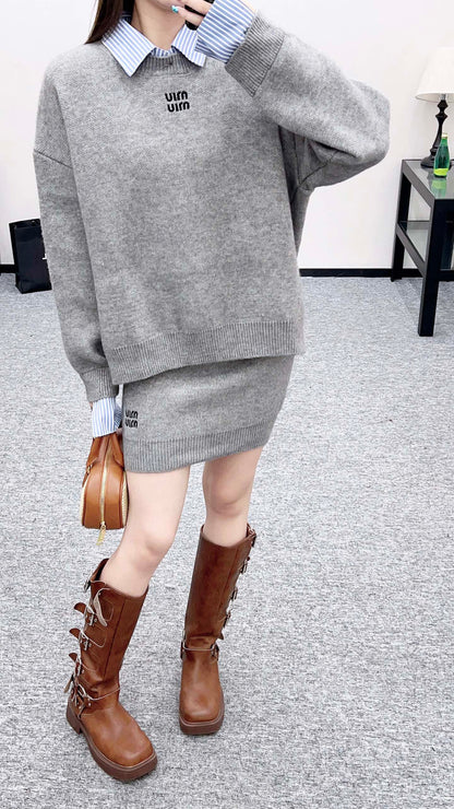 25fw new patchwork knitted top and skirt suit