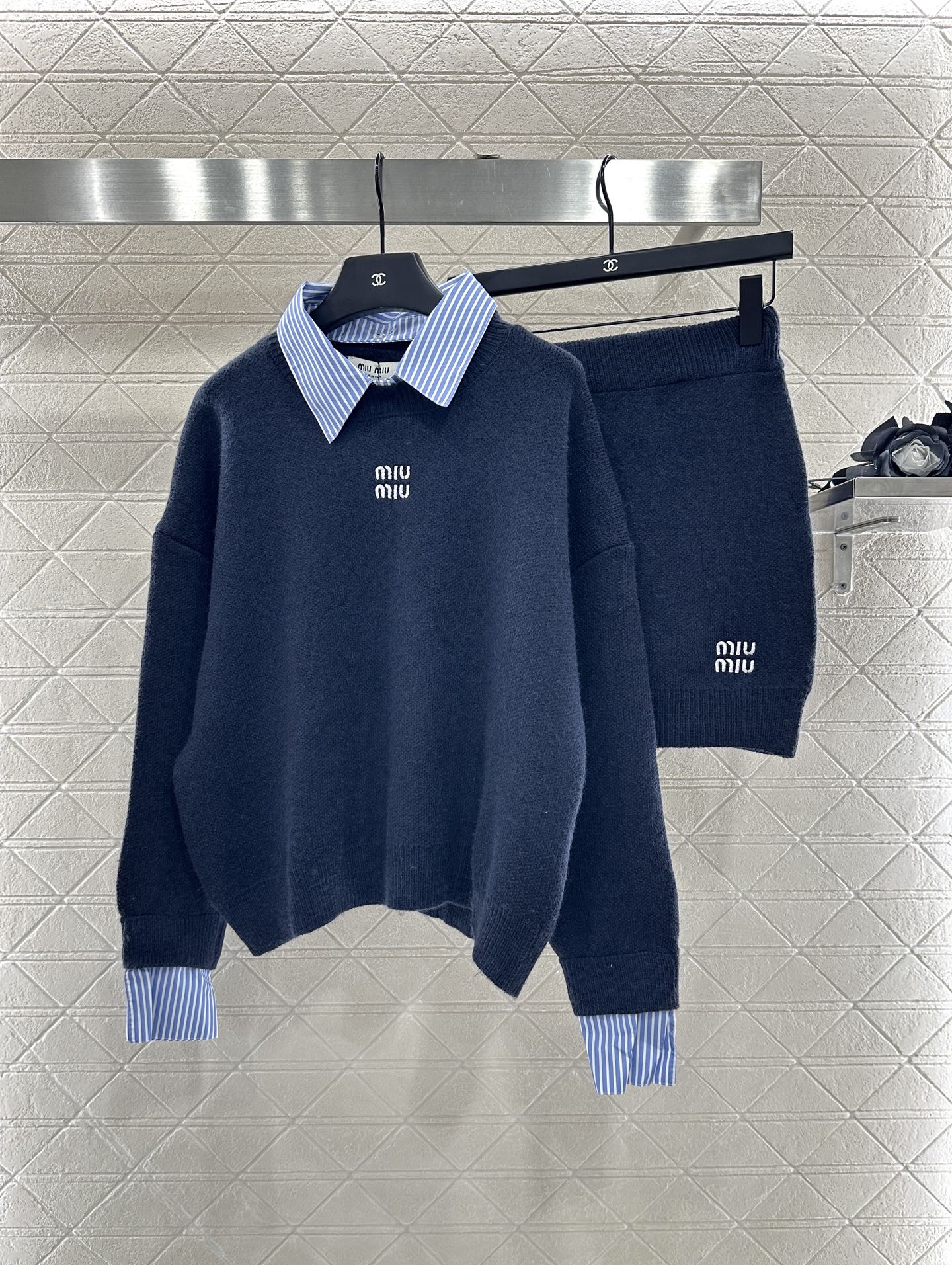 25fw new patchwork knitted top and skirt suit