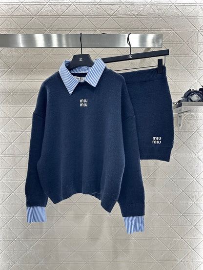 25fw new patchwork knitted top and skirt suit