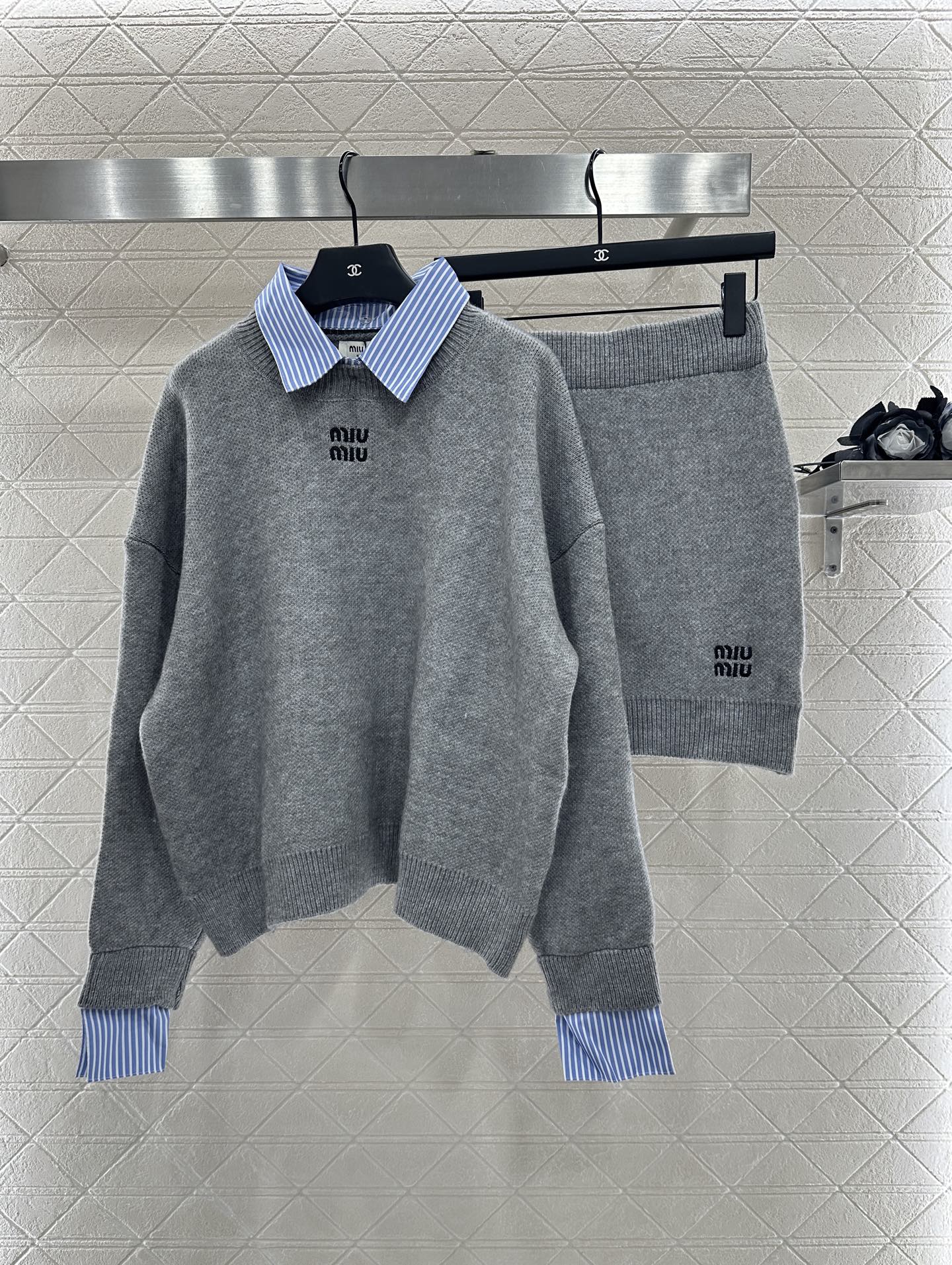 25fw new patchwork knitted top and skirt suit