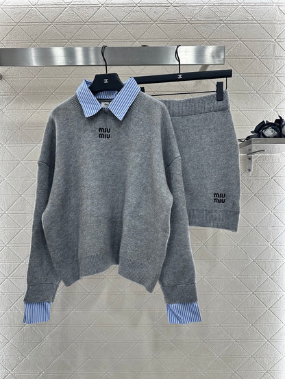 25fw new patchwork knitted top and skirt suit